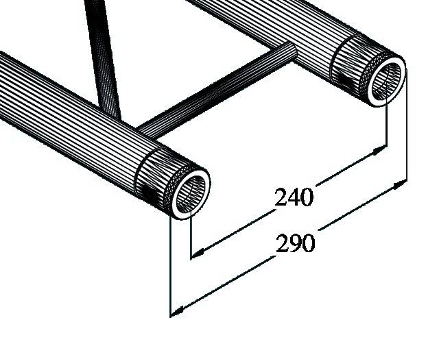 Zeigt zwei parallel liegende Rohre in einem Abstand von 240 mm, Gesamtbreite 290 mm. Zeigt Verbindungsstange zwischen den Rohren.