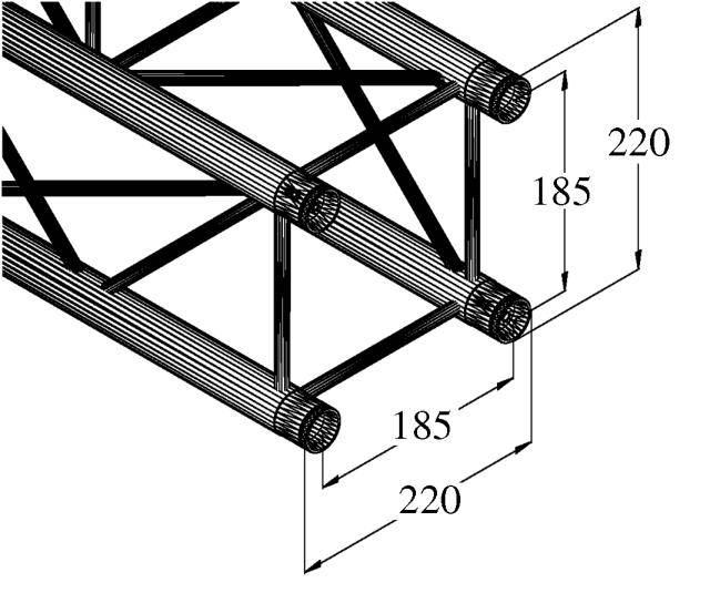 Technische Zeichnung eines Stahlträgers mit vier runden Rohren. Beschriftet mit Maßangaben: 220 mm und 185 mm zwischen den Rohren.
