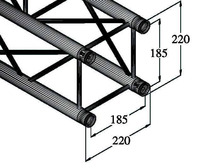 Diagramm eines Rohrgitters mit Maßen: 220 cm Breite, 185 cm Höhe, zeigt Konstruktion aus zylindrischen Elementen und Verbindungen.