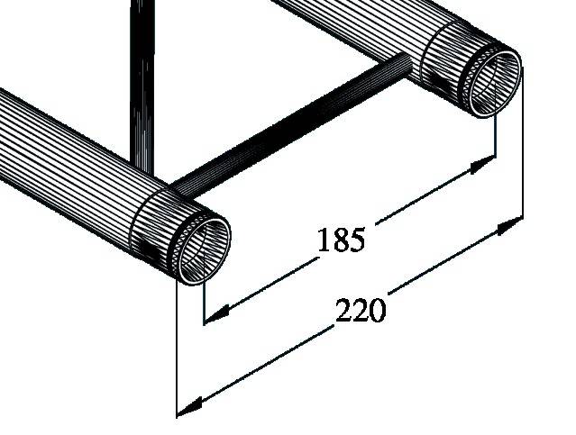 Zwei parallel liegende Rohre mit einer Querstrebe, Abmessungen: 185 mm zwischen Rohren, 220 mm Gesamtbreite, seitliche Ansicht.