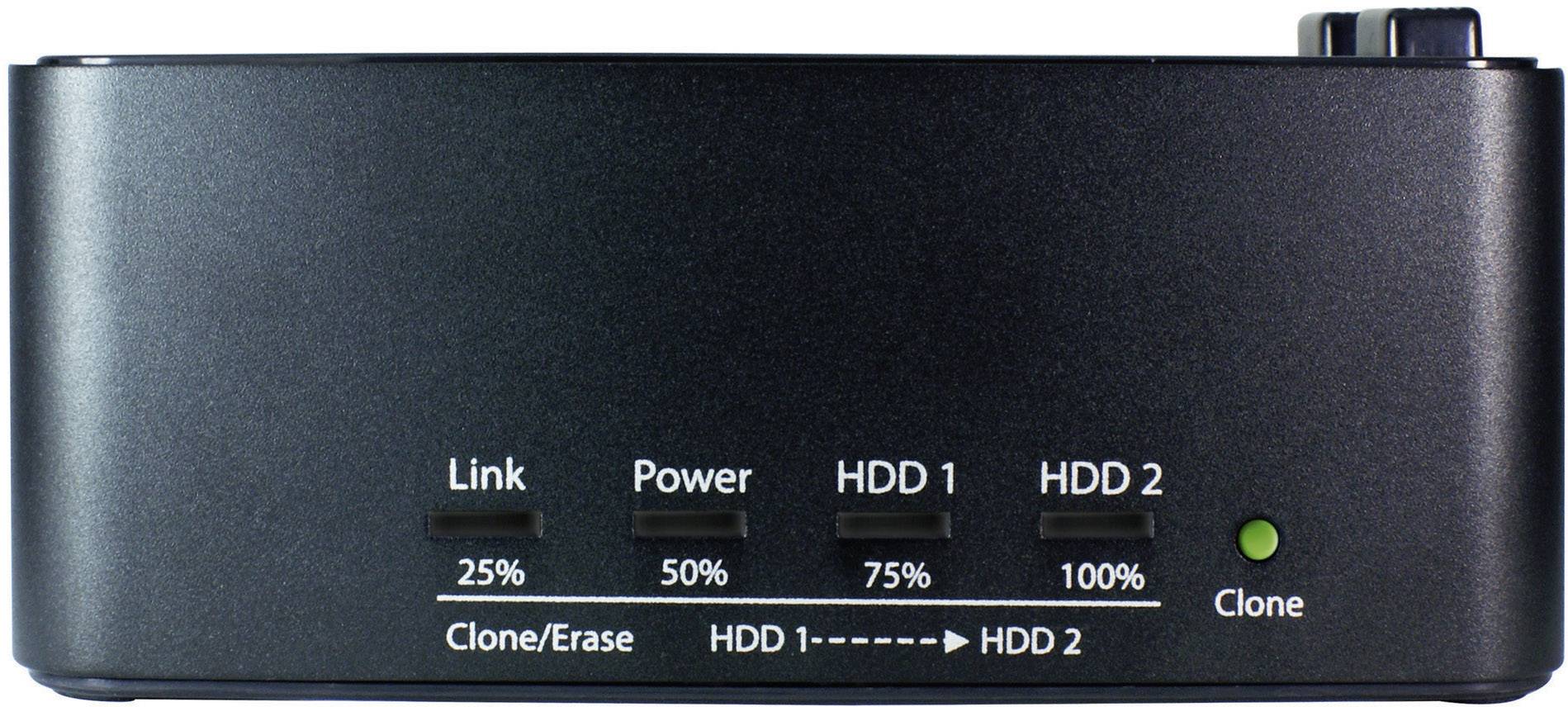 Externe Festplatten-Dockingstation mit LED-Anzeigen: 'Link', 'Power', 'HDD 1' (25 %, 50 %, 75 %), 'HDD 2' (100 %), 'Clone'.