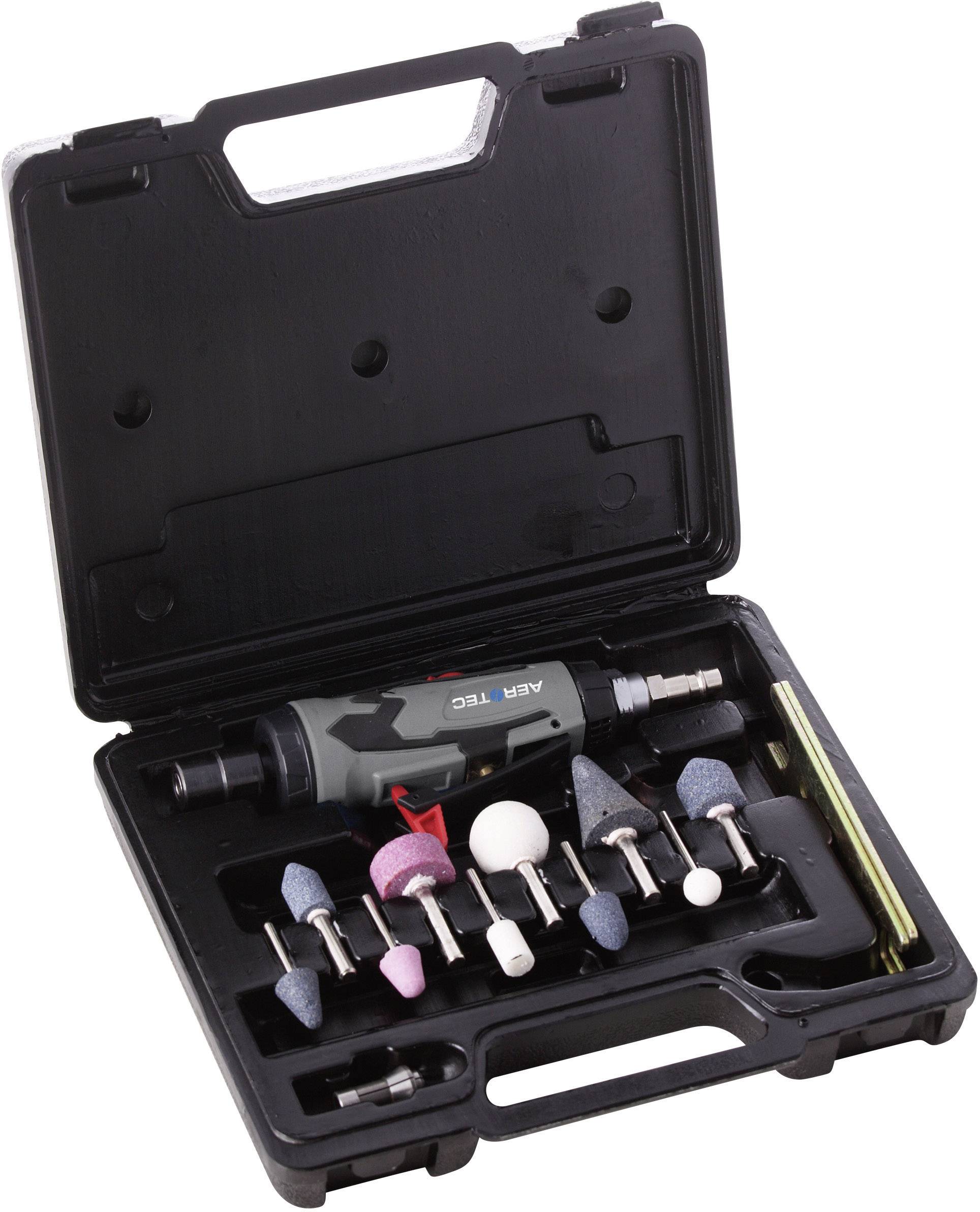 Werkzeugkoffer mit einem Druckluft-Schleifmaschine-Set, inklusive verschiedener Schleifaufsätze in verschiedenen Formen und Farben.