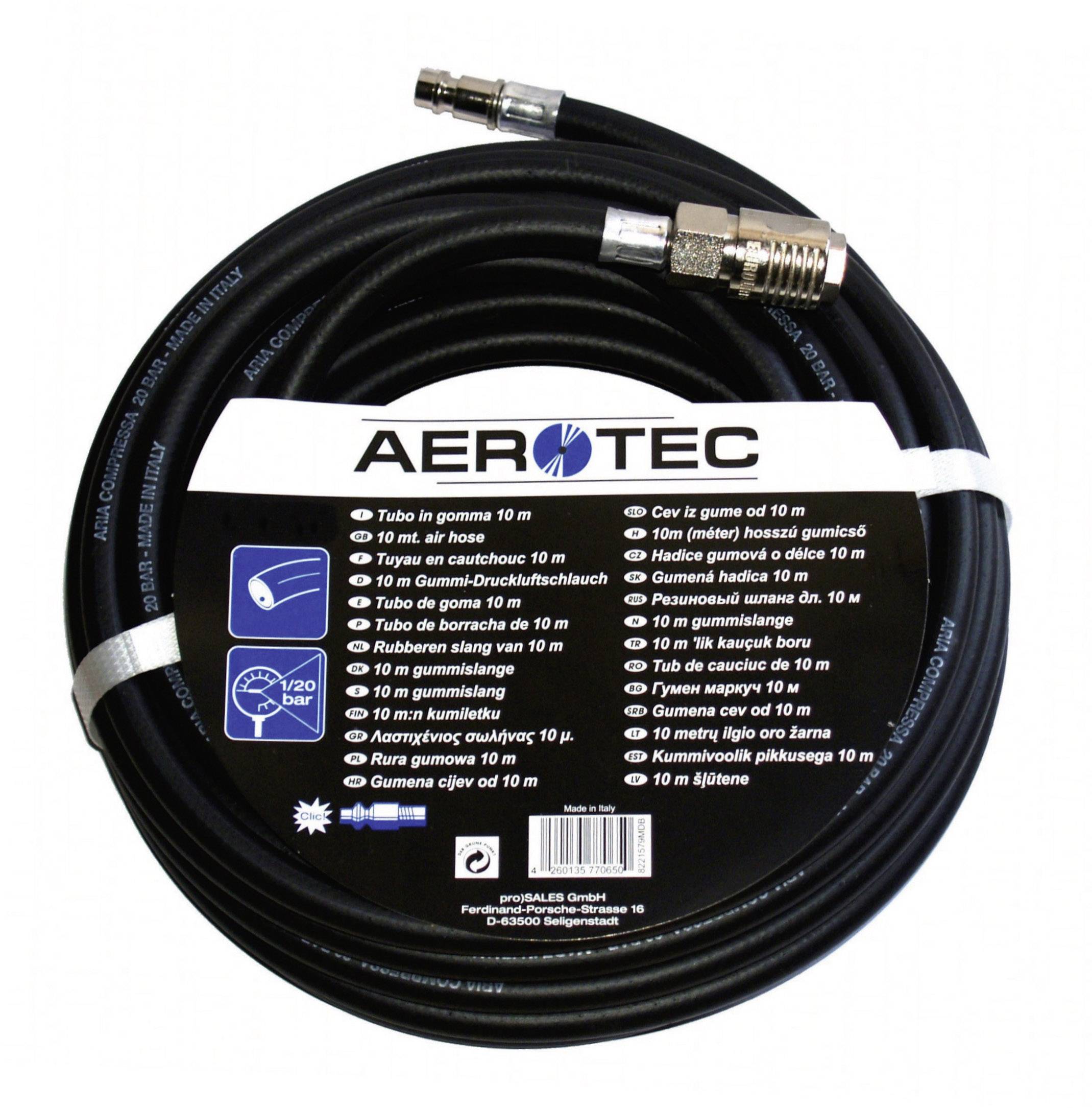 Schwarzer Gummidruckluftschlauch 'AEROTEC' aufgerollt, 10 m lang. Geeignet für 20 bar Druck. Verpackung zeigt Produktinformationen in mehreren Sprachen.
