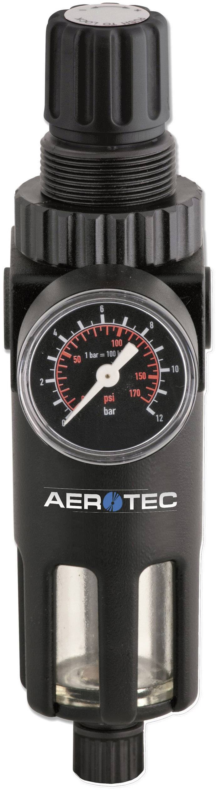 Ein Druckregler von Aerotec mit Manometer, das den Druck in bar anzeigt. Regler hat einen schwarzen Knopf zur Anpassung des Drucks.