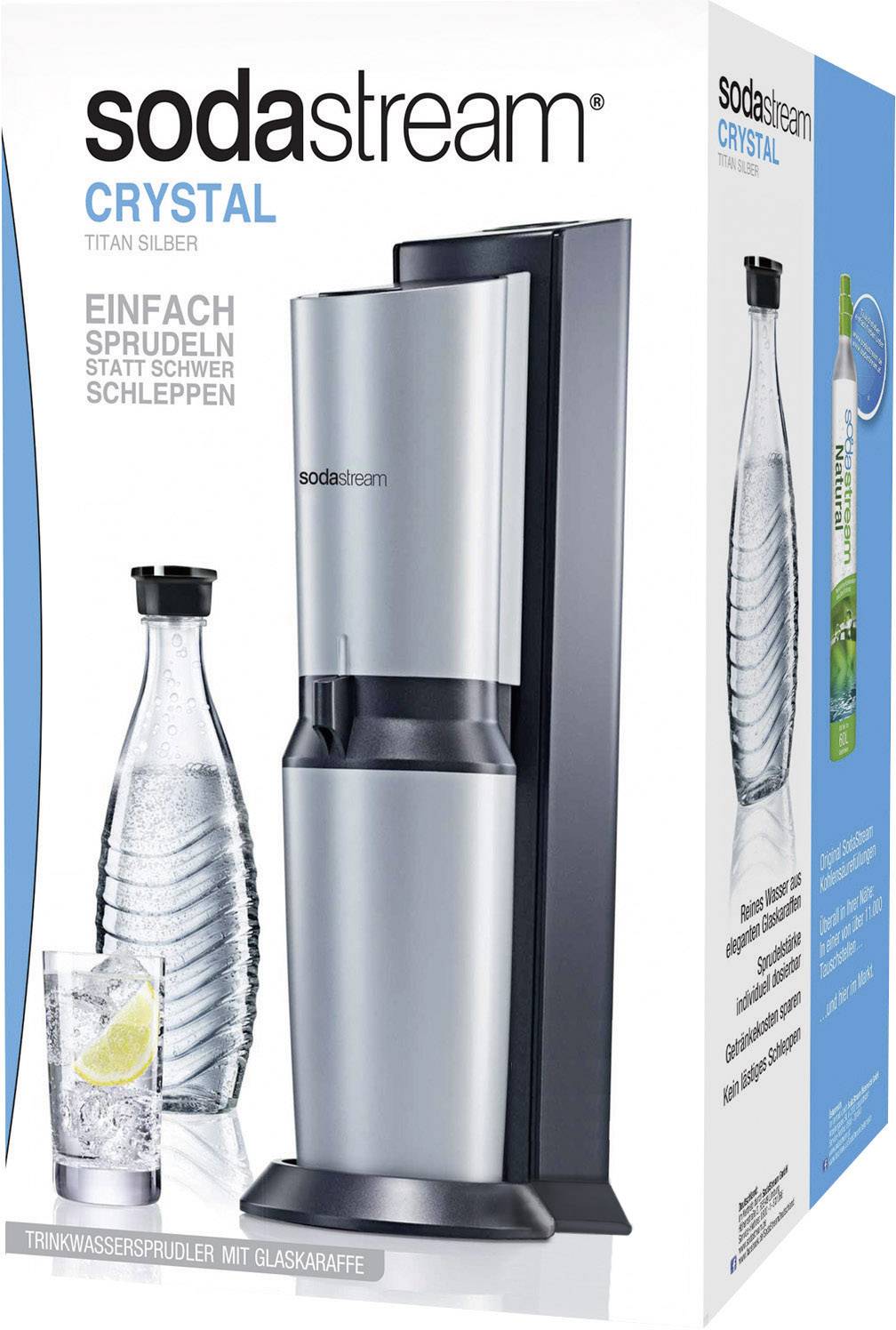 Sodastream Wassersprudler Crystal 2.0 Schwarz, Silber Grundgerät, inkl. 1 Glaskaraffe, und 1 CO2-Zylinder