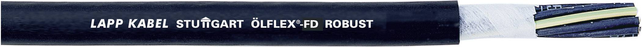 Ein dickes schwarzes Kabel von der Marke Lapp Kabel, mit der Aufschrift 'STUTTGART OLFLEX FD ROBUST', teilweise aufgeschnitten, zeigt viele isolierte Drähte.