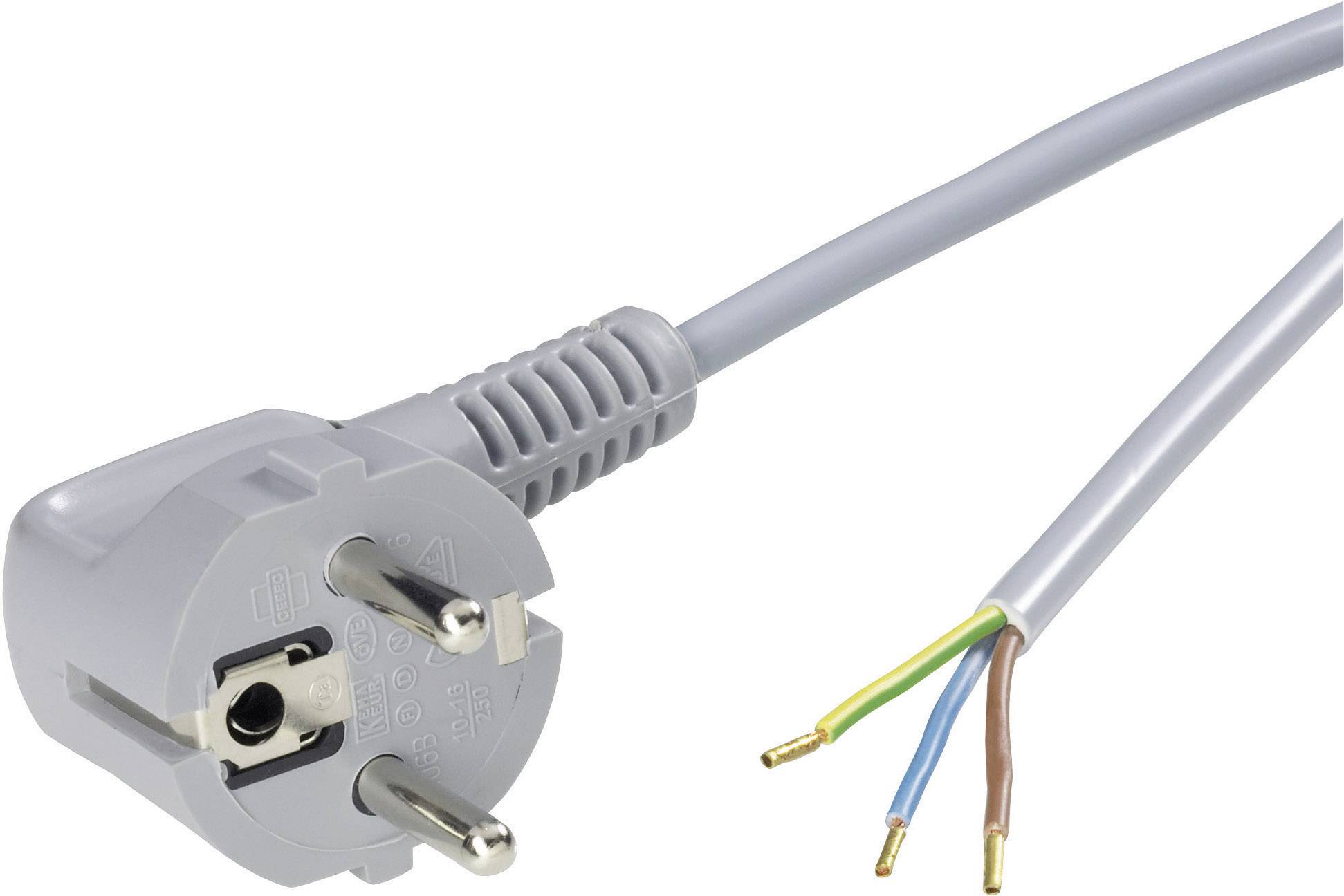 Graues Netzkabel mit geöffneter Abisolierung am Ende, zeigt drei farbige Drähte: gelb/grün, blau und braun.