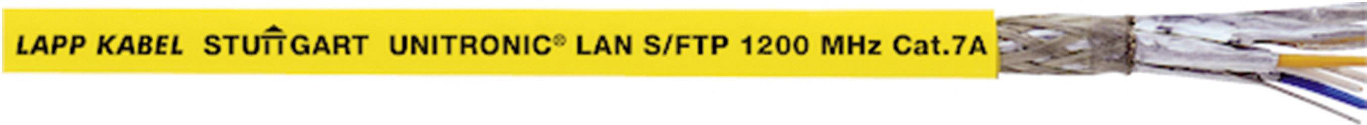 Gelbes Netzwerkkabel mit Aufschrift 'LAPP KABEL STUTTGART UNITRONIC LAN S/FTP 1200 MHz Cat.7A'. Kabelenden zeigen verdrillte Adern.