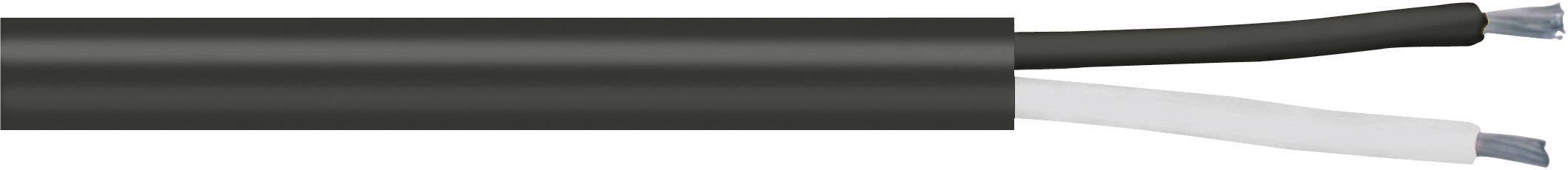 Ein Kabel mit zwei isolierten Kupferdrähten, einer in schwarzer und einer in weißer Isolierung, offenbart die Drähte innerhalb der äußeren Hülle.