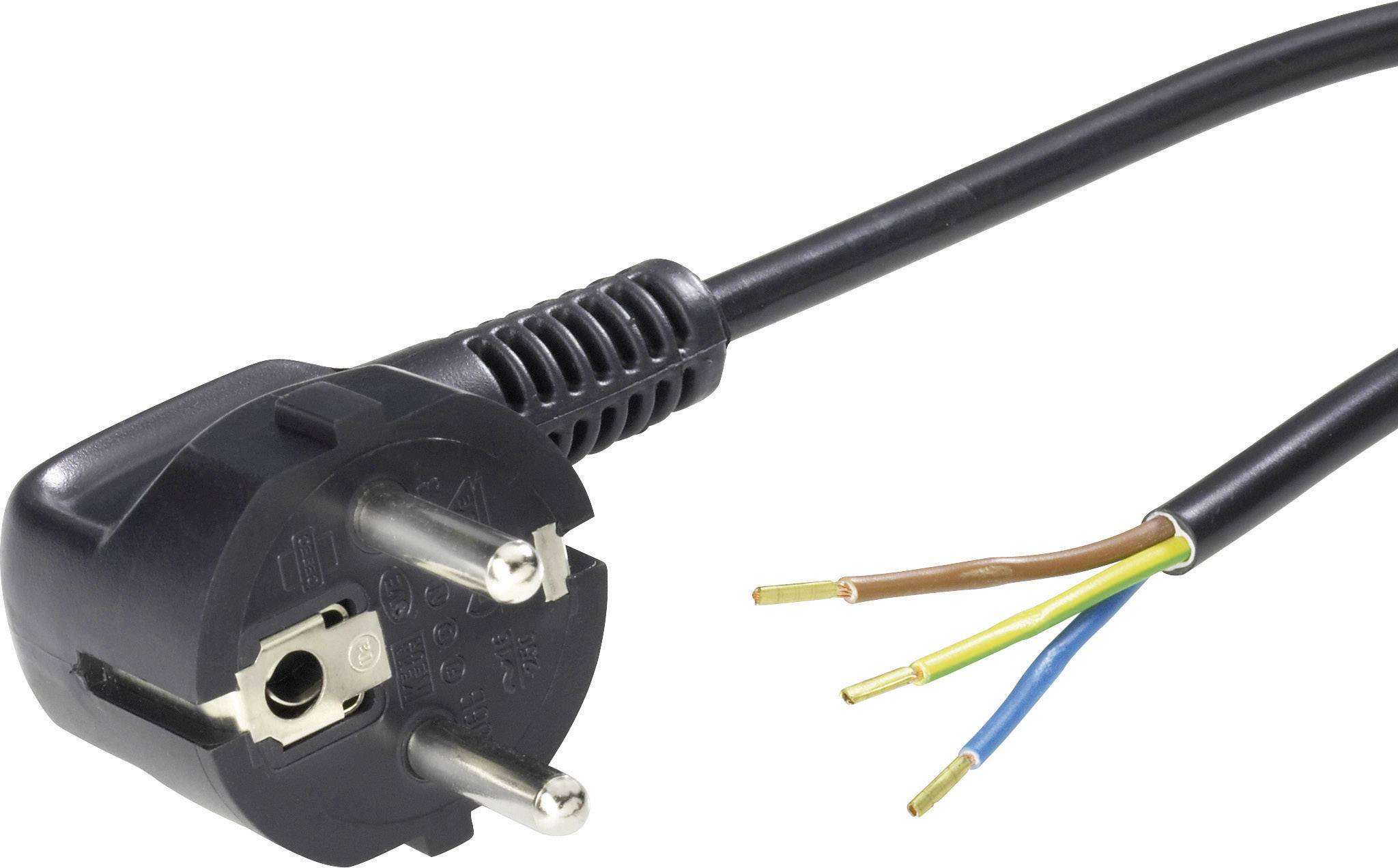 Abgebildet ist ein schwarzer Euro-Stecker mit abgeschnittenem Kabelende, welches drei freiliegende, farbige Drähte zeigt.