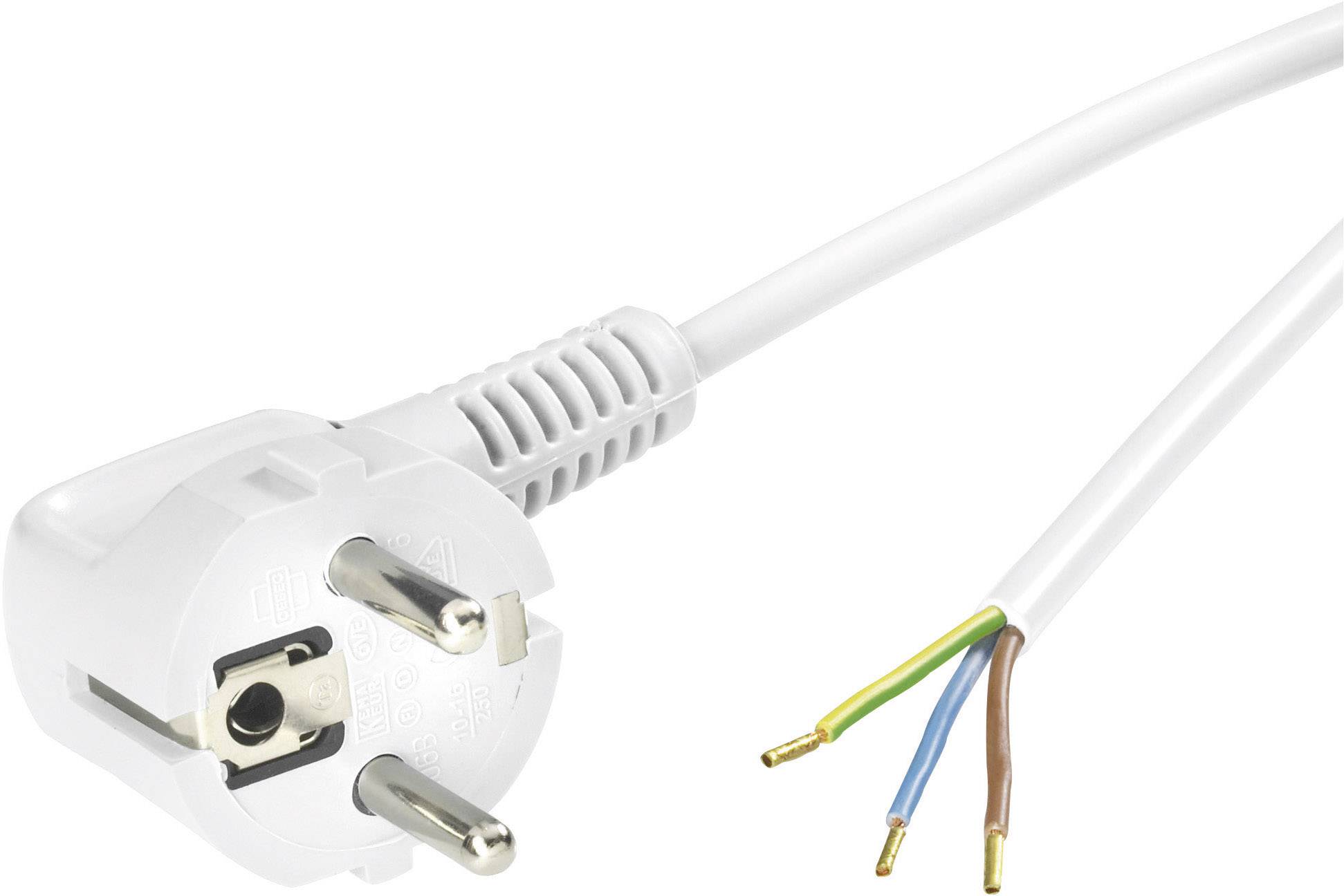 Weißes Netzkabel mit geerdetem Stecker und offenen Enden mit drei Kupferdrähten in Braun, Blau und Grün-Gelb.