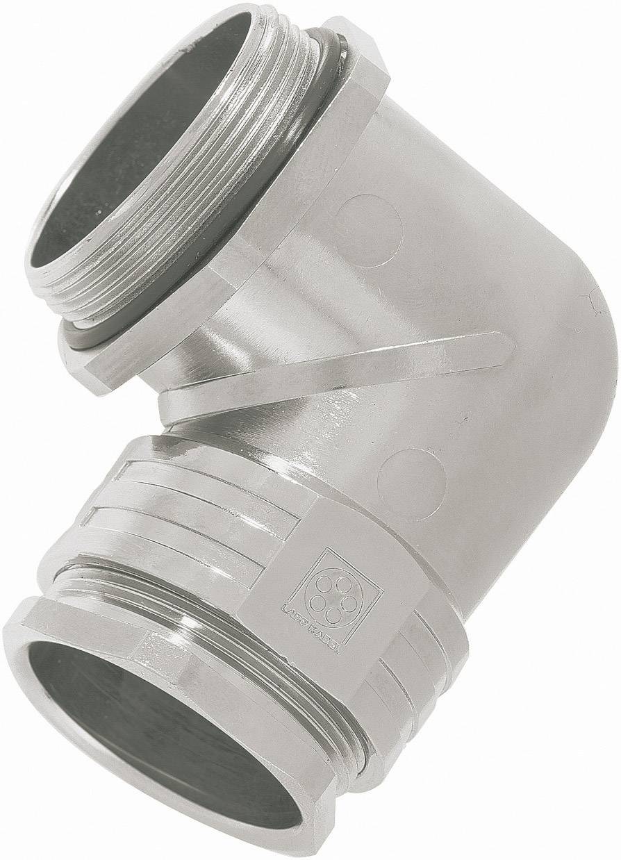 Ein metallener, knochenfarbener rechteckiger Rohrverbinder mit zwei Anschlüssen in einem 90-Grad-Winkel, geeignet für industrielle Anwendungen.