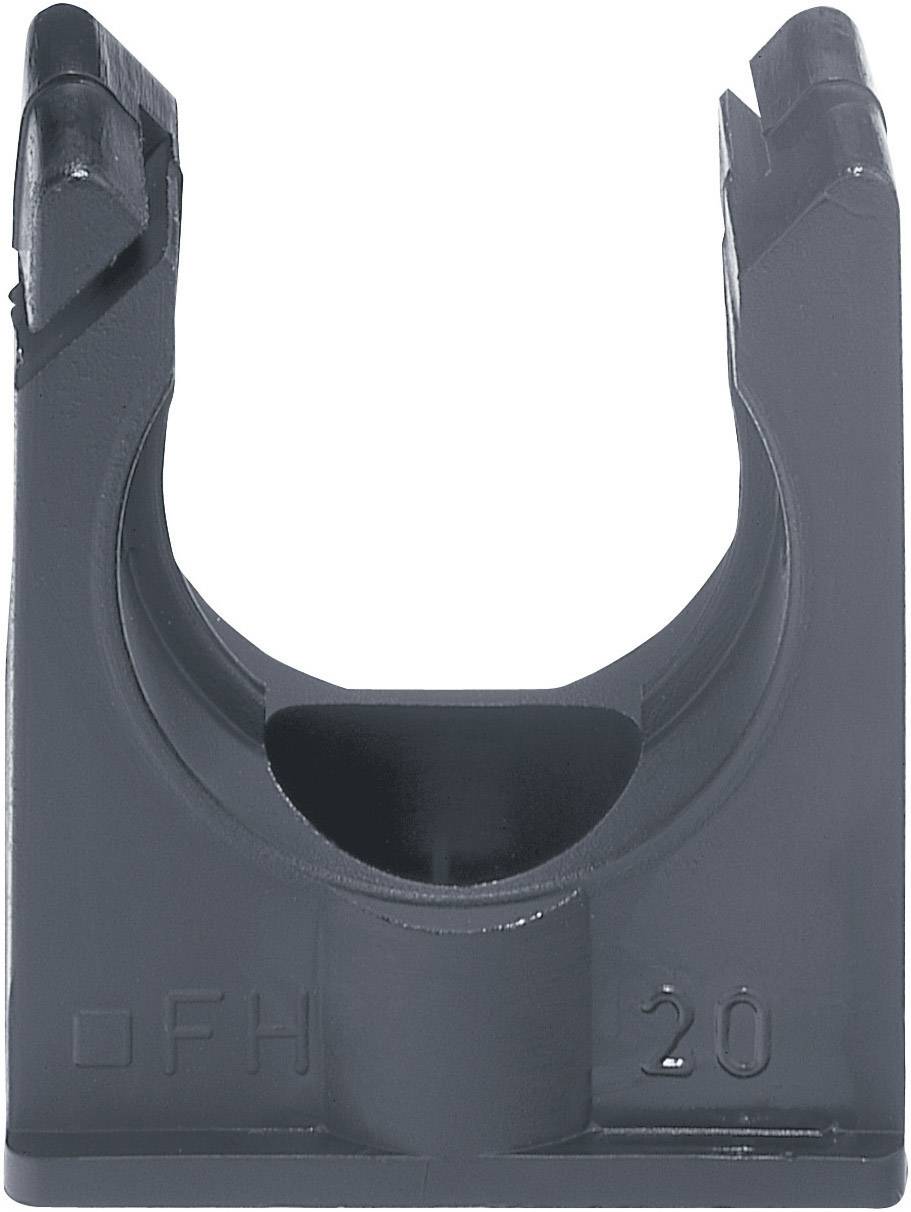 Schwarzgrauer Kabelclip mit runder Öffnung und eingeprägten Markierungen 'FH' und '20' an der Vorderseite.