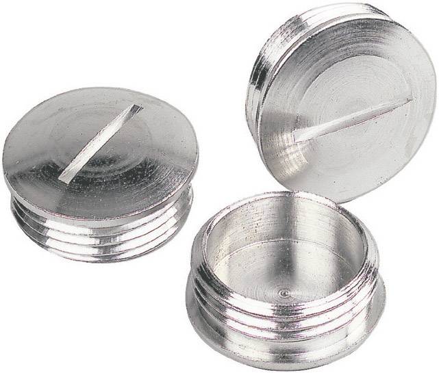 Drei silberne, runde Schraubstopfen mit flachem Schlitz, einer ist geöffnet. Sie sind aus Metall und zeigen feine Rillen am Rand.