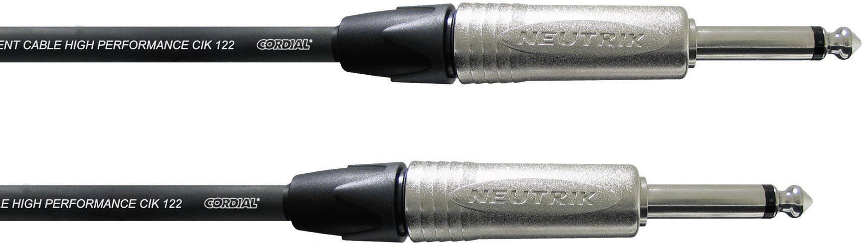 Zwei schwarze Audiokabel mit silbernen Klinkensteckern, beschriftet mit 'NEUTRIK'. Geeignet für professionelle Audioverbindungen.