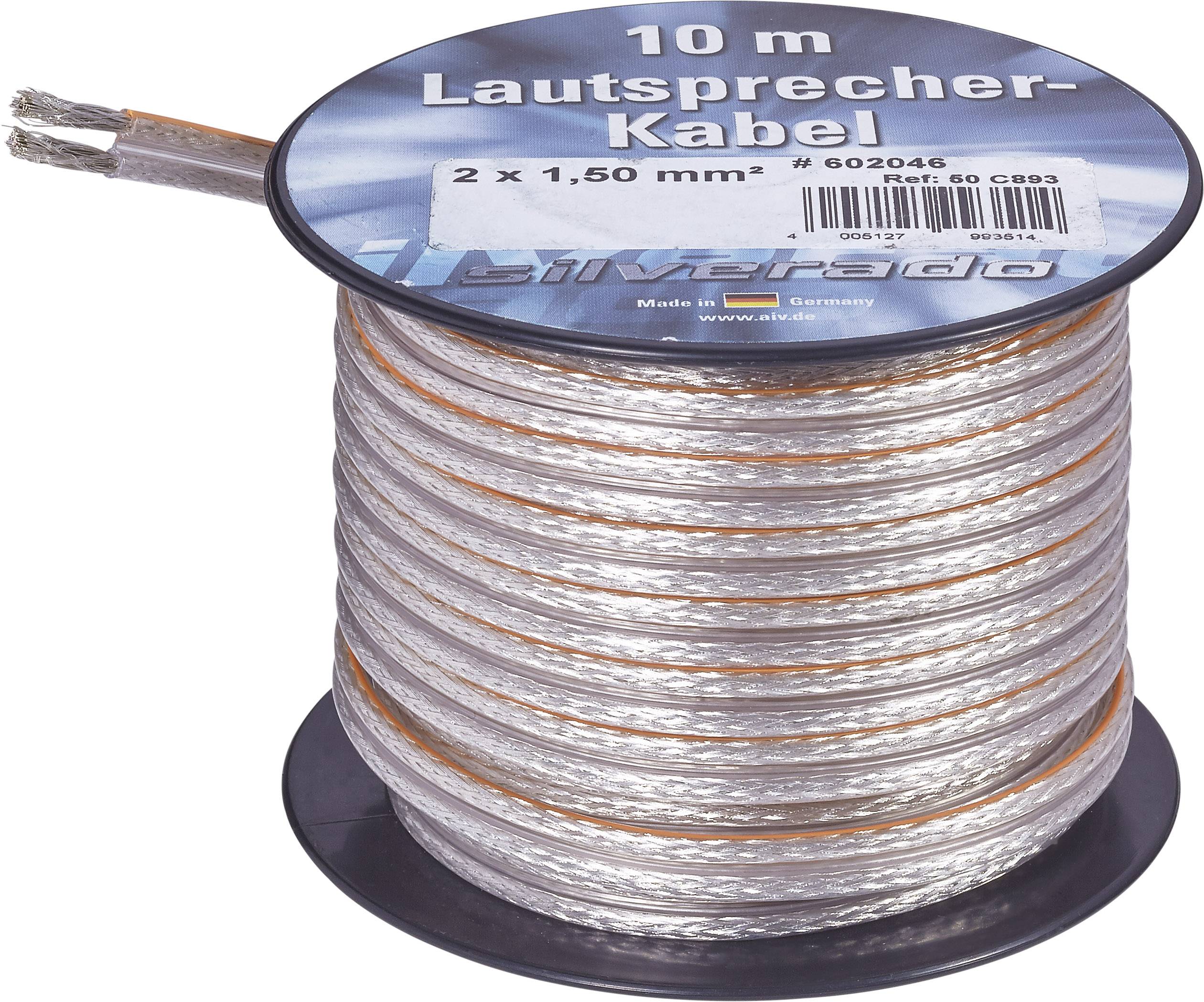 Rolle mit 10 m Lautsprecherkabel, 2 x 1,5 mm², Markenetikett oben; geeignet für Audio-Verkabelung.