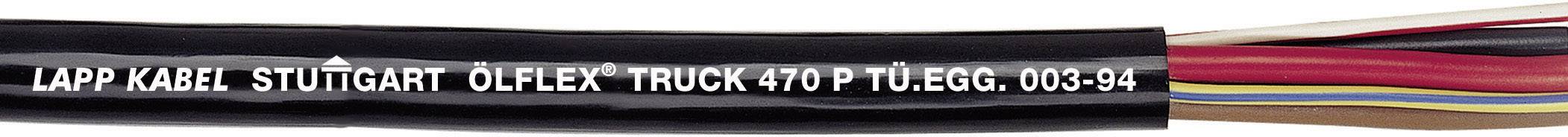 'Kabel mit der Aufschrift: LAPP KABEL STUTTGART ÖLFLEX TRUCK 470 P TÜLEGG. 003-94.' Text auf schwarzem Hintergrund, bunte Kabel sichtbar.