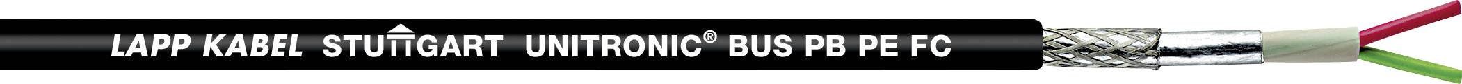 Ein schwarzes Kabel mit der Aufschrift 'LAPP KABEL STUTTGART UNITRONIC BUS PB PE FC' und zwei herausragenden Drähten in Grün und Rot.