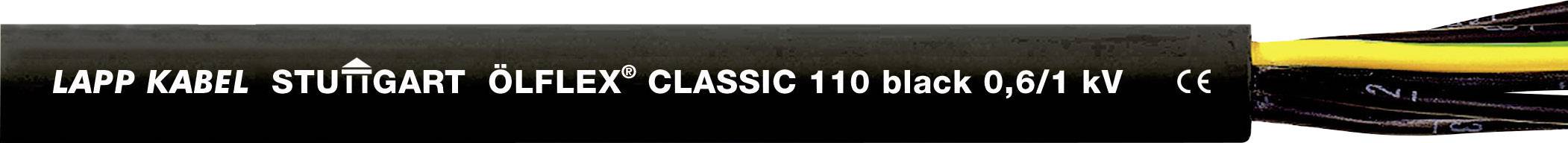 Ein schwarzes Kabel mit der Aufschrift 'LAPP KABEL STUTTGART ÖLFLEX® CLASSIC 110 black 0.6/1 kV CE' und farbigen Drähten am Ende.