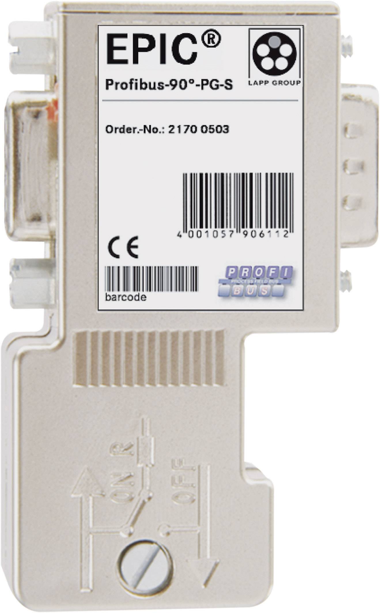 Ein rechteckiger Adapter mit Aufschrift 'EPIC Profibus-90°-PG-S'. Nummer: 2170 0503. Barcode und Symbole für Zertifizierung erkennbar.