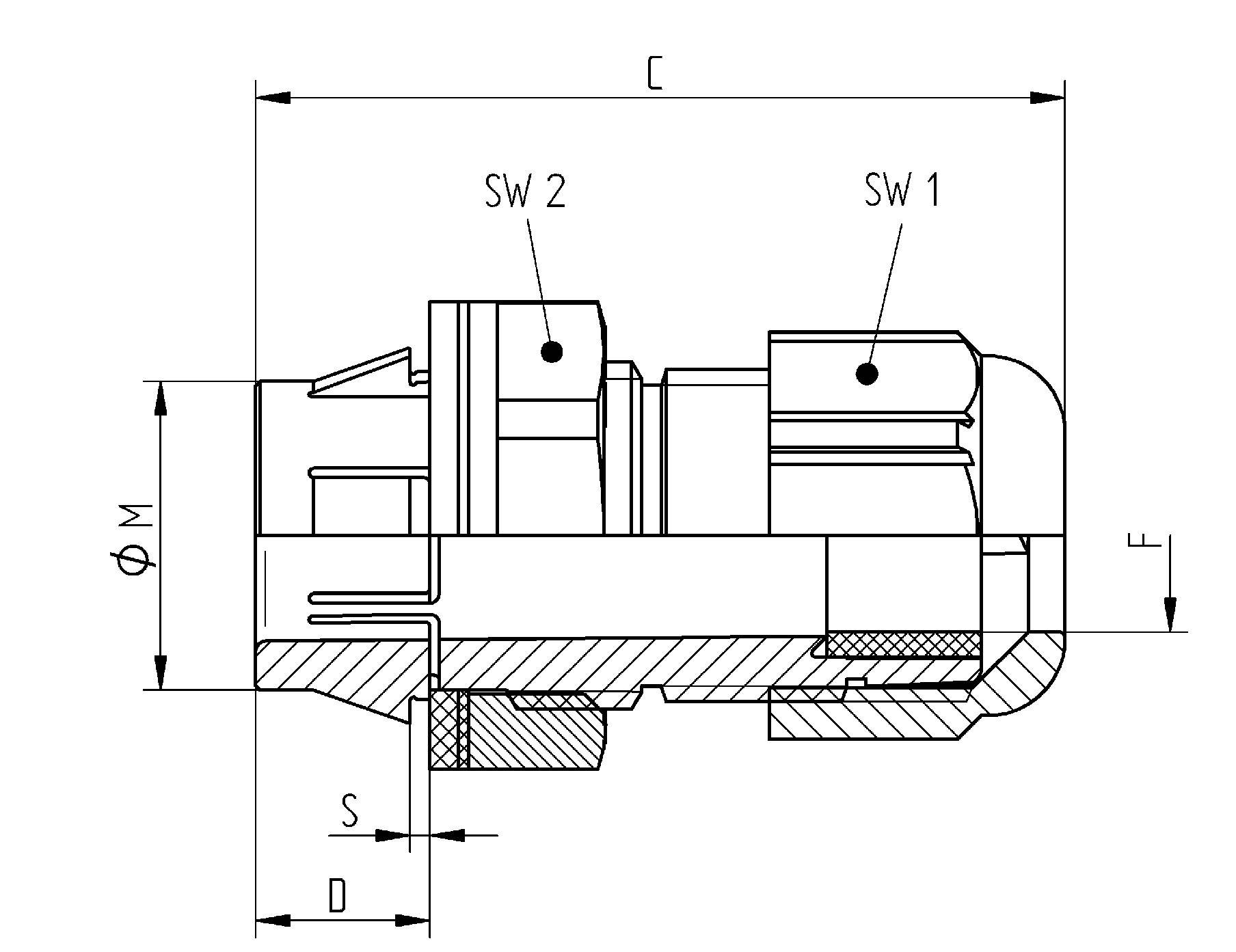 Technische Zeichnung eines mechanischen Bauteils mit Beschriftungen für Maße, Durchmesser und Schlüsselweiten. Linie und Querschnittsansicht.