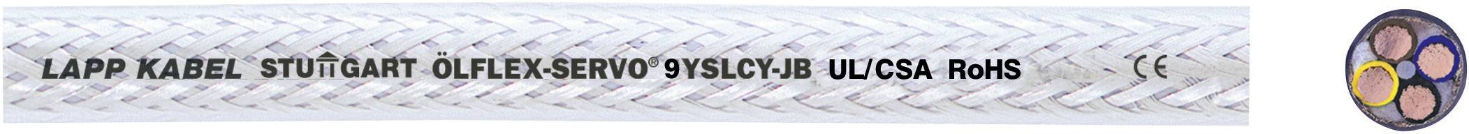 Kabel mit der Aufschrift 'Lapp Kabel Stuttgart Ölflex Servo 9YSLCY-JB UL/CSA RoHS'. Querschnitt zeigt vier unterschiedlich farbige Adern.