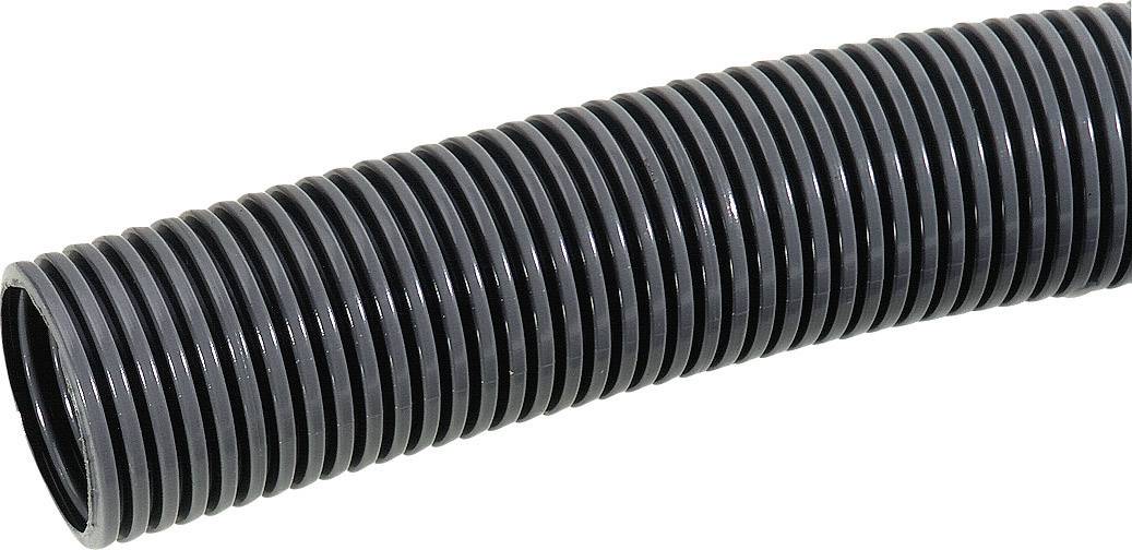 Geriffelter schwarzer Kunststoffschlauch, geeignet für Kabelschutz oder Wasserabfluss in Ingenieurs- und Bauanwendungen.