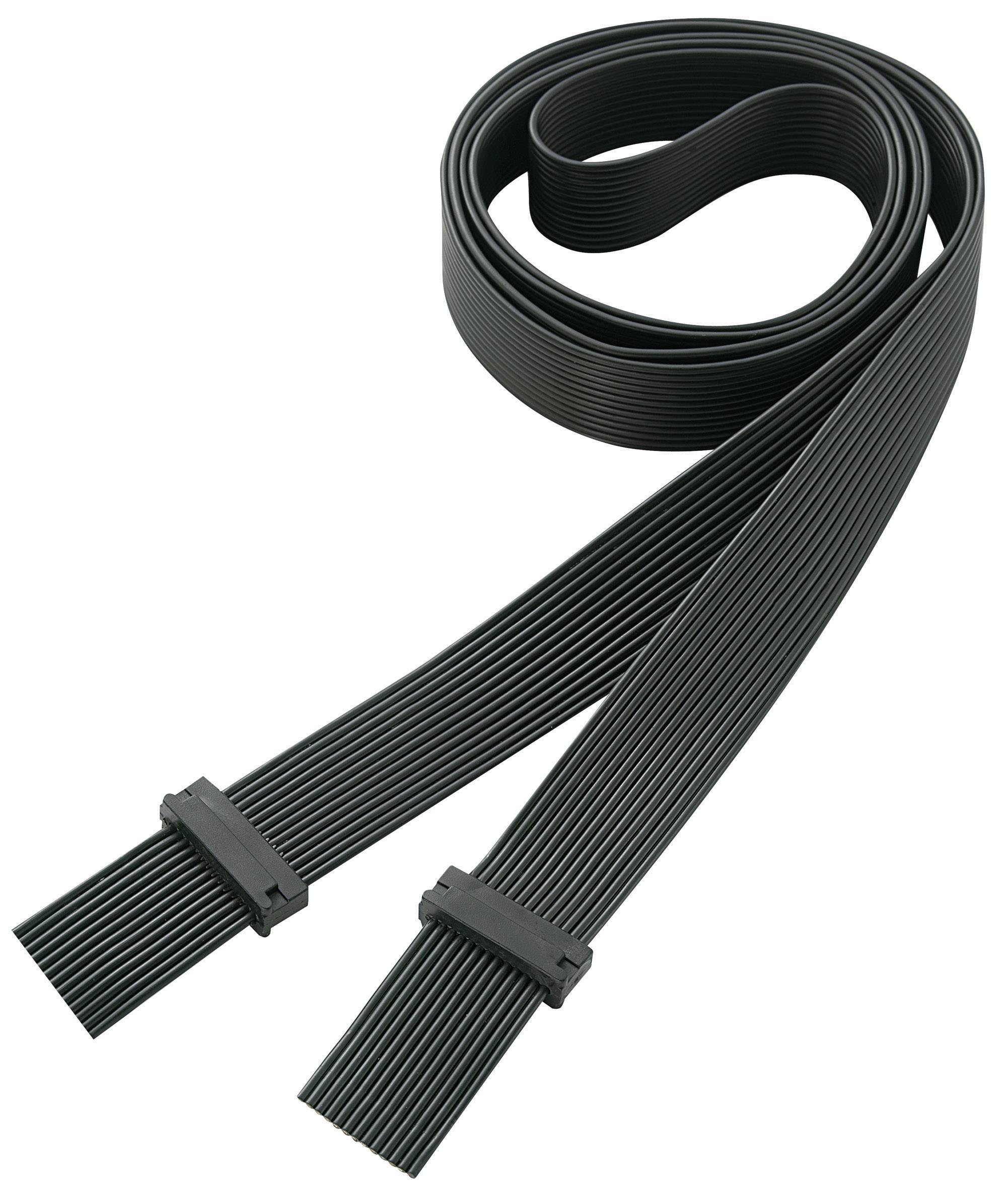 Ein schwarzes, flaches Kabel, das in mehreren Schleifen gelegt ist. Es hat an beiden Enden Anschlüsse und könnte für Elektronik verwendet werden.