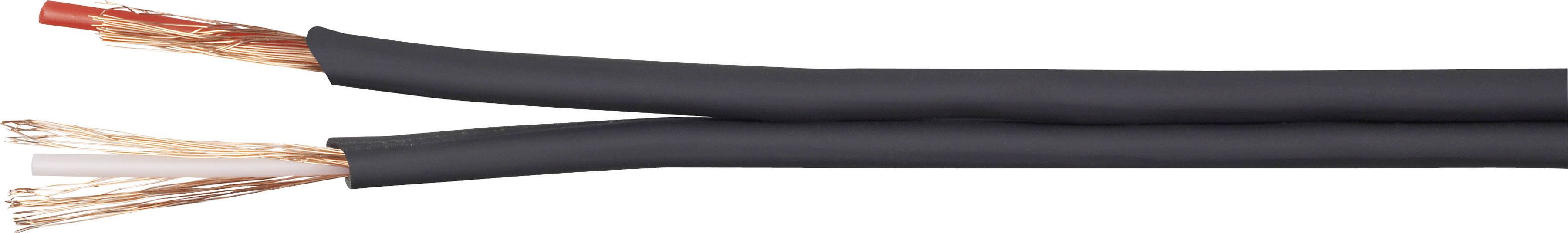 Schwarzes Lautsprecherkabel, doppelt isoliert, mit offenliegenden Kupferlitzen an einem Ende.