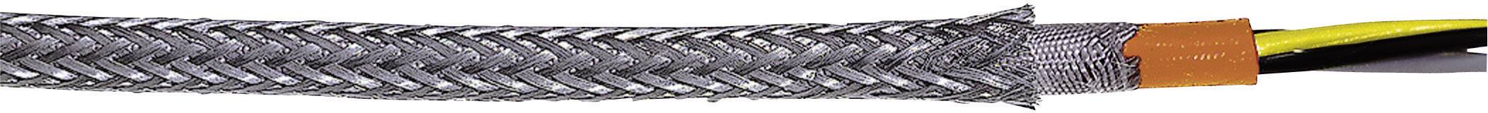 Geflochtenes Kabel mit schwarz-silberner Ummantelung und gelben, schwarzen und orangefarbenen Drähten innen.