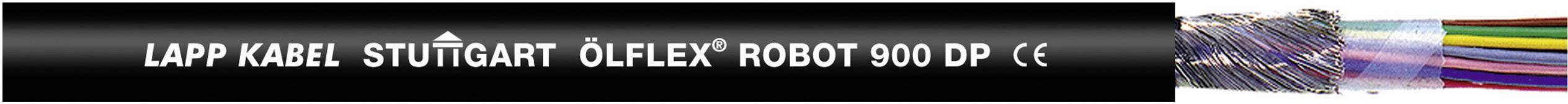 Ein schwarzes Kabel mit der Aufschrift 'LAPP KABEL STUTTGART ÖLFLEX ROBOT 900 DP' und CE-Kennzeichnung, zeigt bunte Drahtadern an der Schnittstelle.