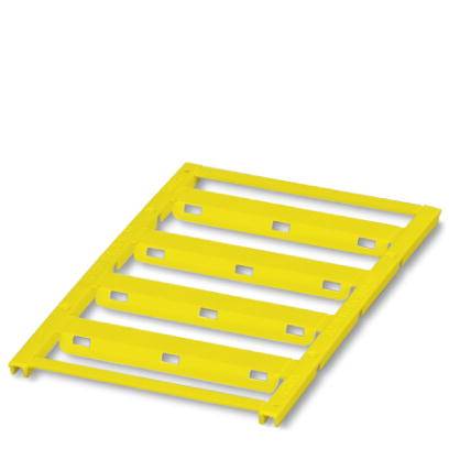Gelbe Kunststoffpalette mit flachem Design und Schlitzen für Belüftung oder Entwässerung. Geeignet für Lagerung und Transport.