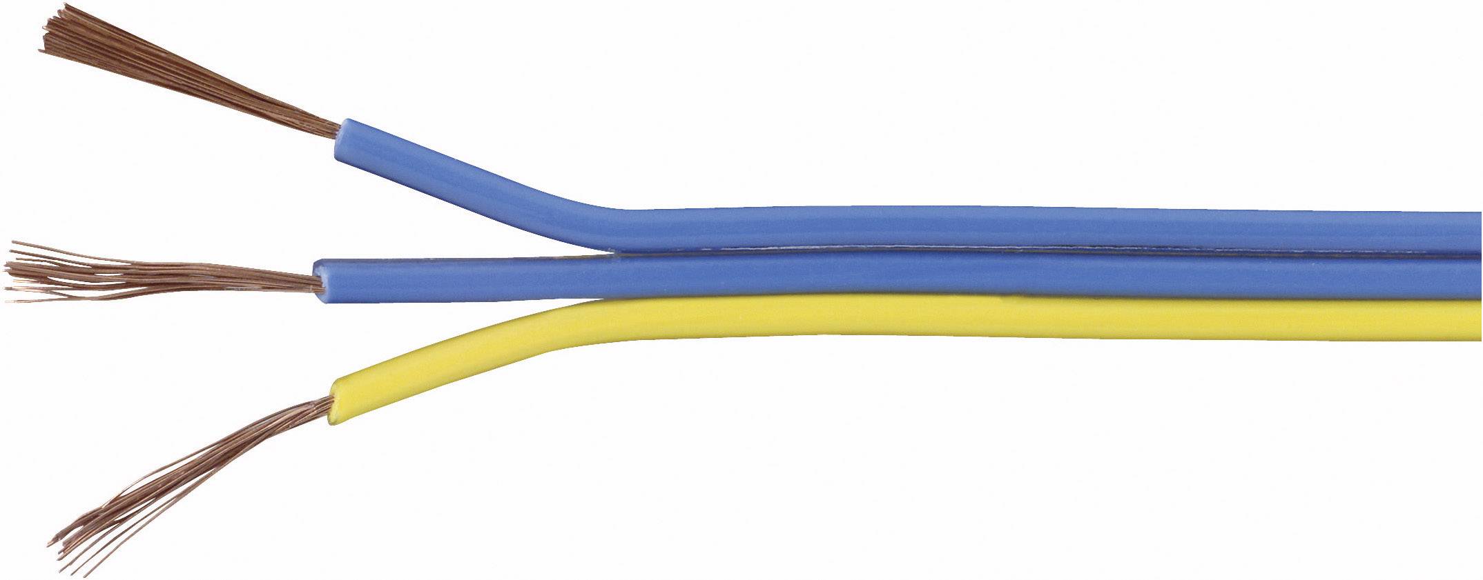 Drei unisolierte Kabel, eines gelb, zwei blau. Jedes hat offene Kupferdrähte an einem Ende. Sie liegen nebeneinander.