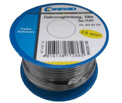 Spule mit 10m Fahrzeugleitung, Typ FLRY, Farbe Schwarz, 2,5 mm² Querschnitt.