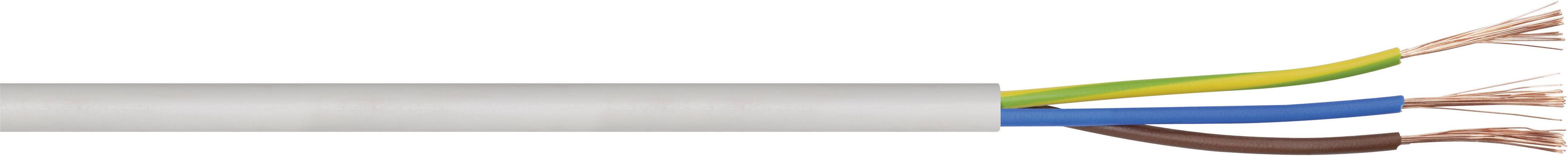 Elektrisches Kabel mit grauem Mantel, zeigt vier freiliegende Adern: braun, gelb-grün (Erdung), blau und eine ungenutzte Kupferader.