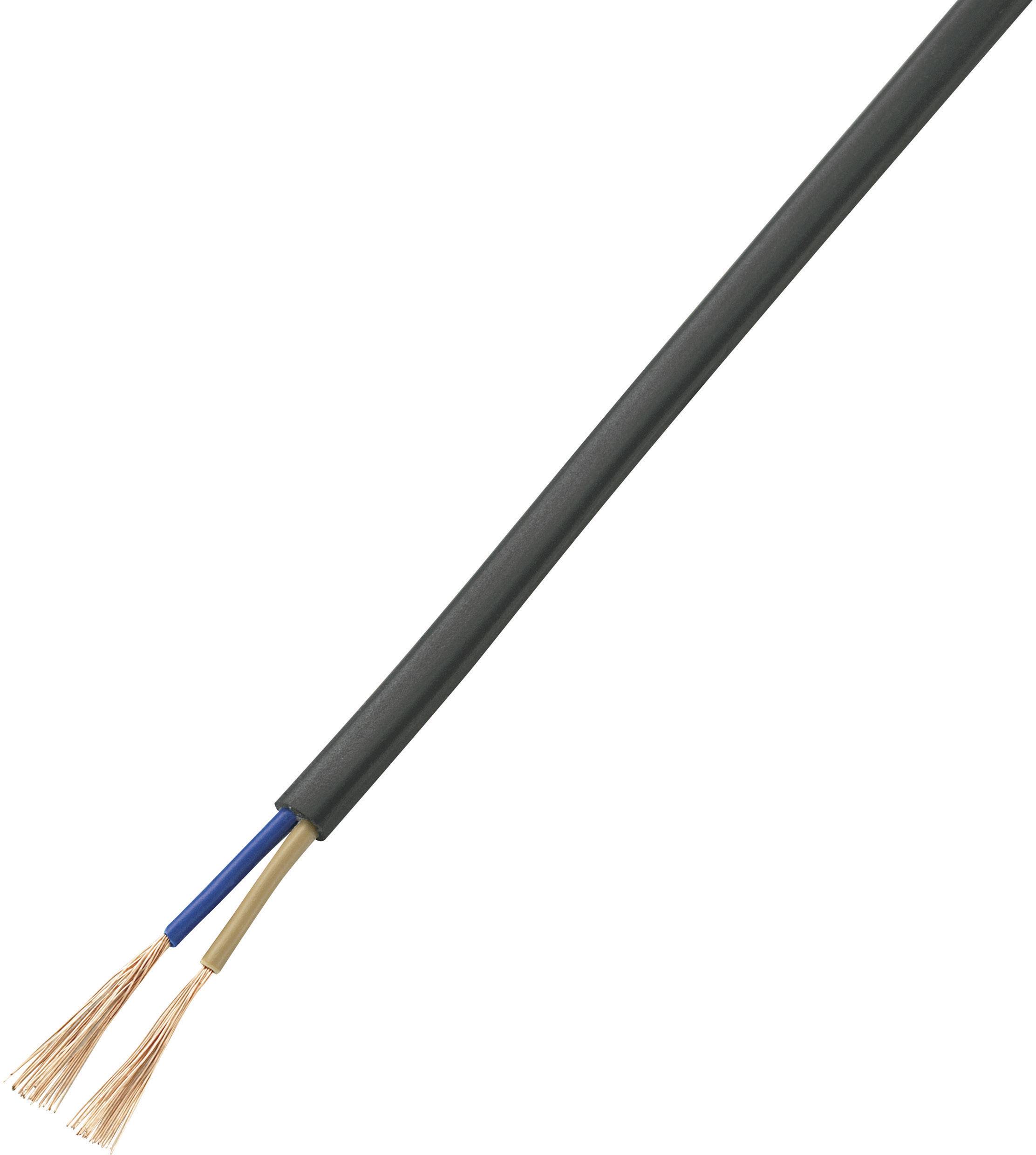 Ein schwarzes Kabel mit zwei freiliegenden Kupferdrähten am Ende, einem blauen und einem braunen Draht.
