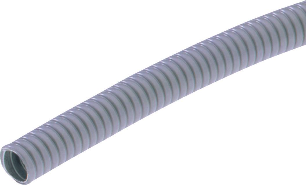 Graues, flexibles Wellrohr aus Kunststoff, meist zur Kabelverlegung verwendet, zeigt Spiralstruktur zur Erhöhung der Flexibilität.