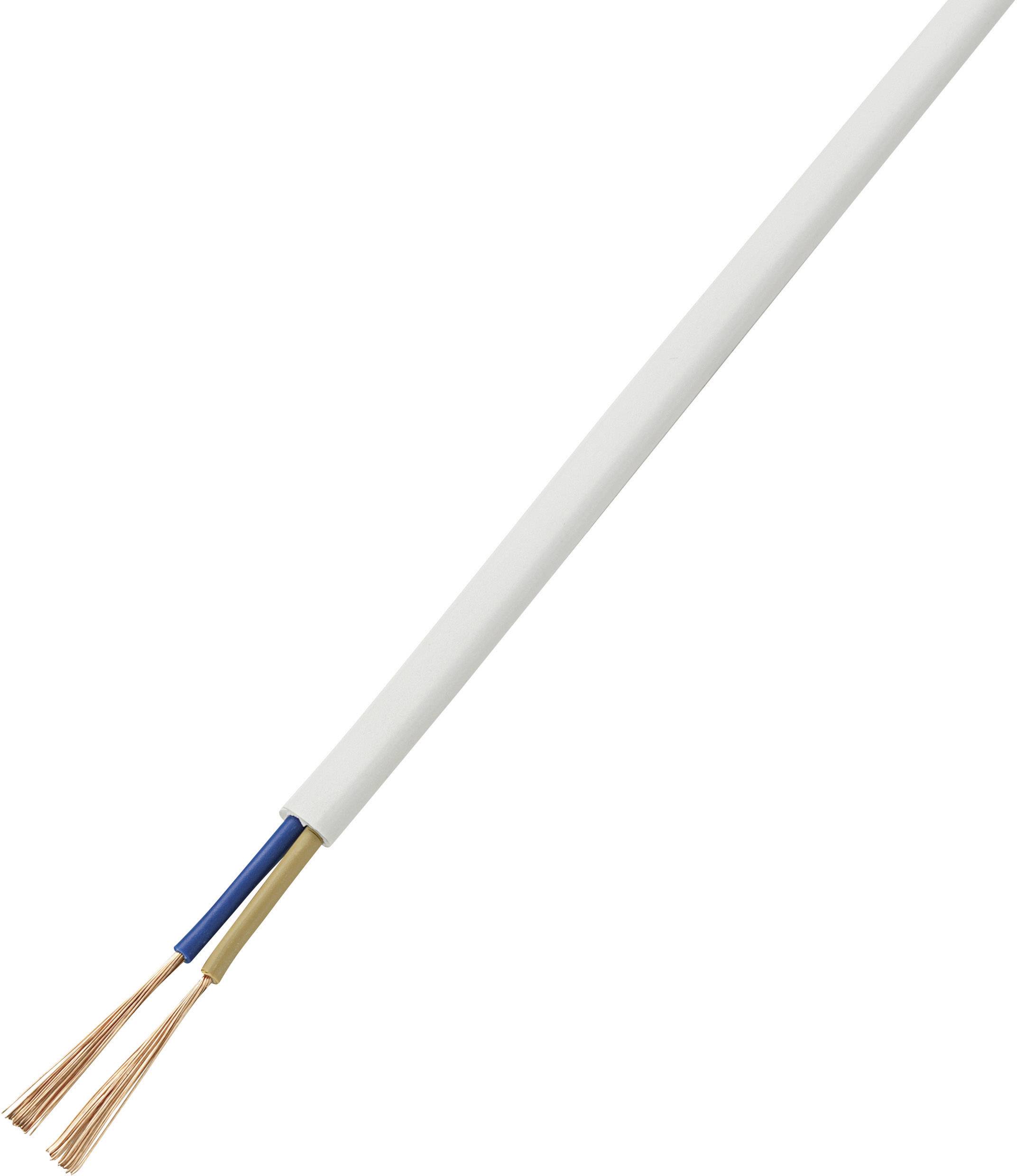 Ein weißes Elektrokabel mit zwei sichtbaren Kupferlitzen und einer blauen und braunen Isolierung.