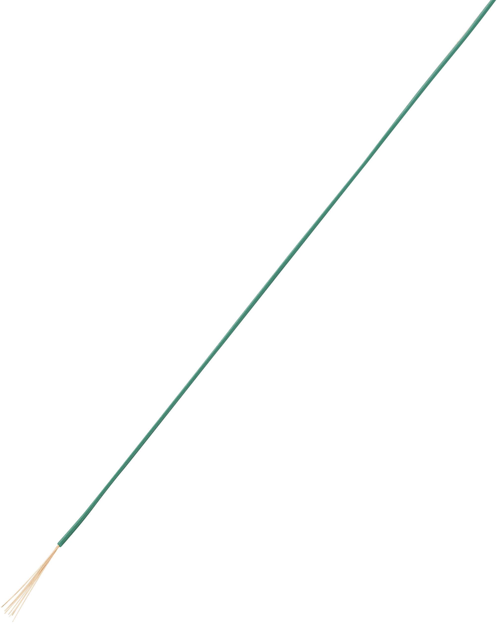 Ein einzelnes, dünnes, grünes elektrisches Kabel mit freiliegenden kupfernen Drahtenden, liegt diagonal auf weißem Hintergrund.