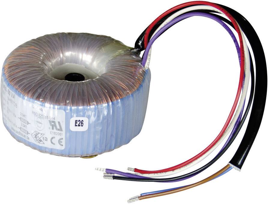 Ringkerntransformator mit mehreren farbigen Kabeln für elektrische Verbindungen. Gehäuse mit Schutzfolie umwickelt.