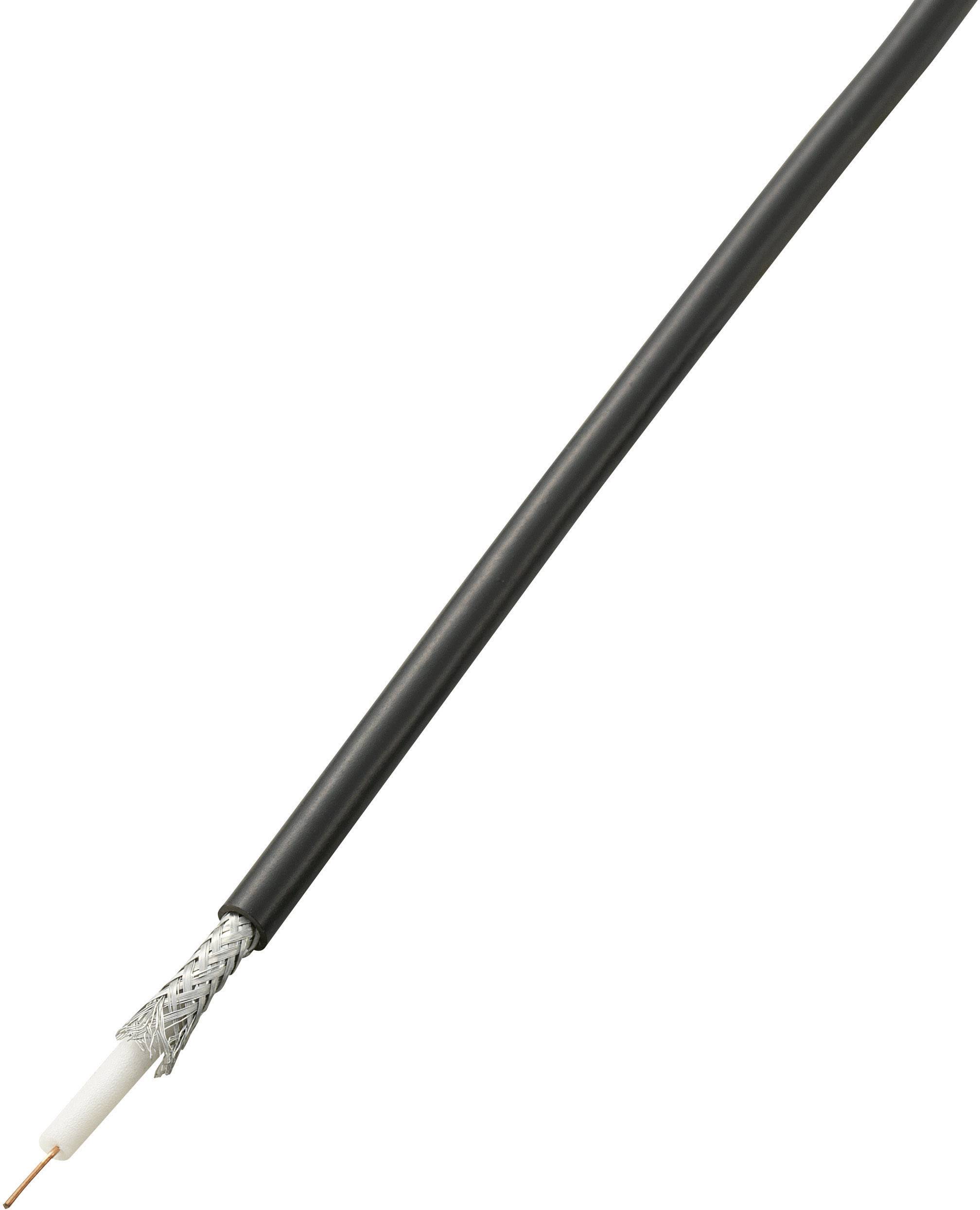 Ein schwarzes Koaxialkabel mit sichtbarem Geflecht und Innenleiter an einem Ende.