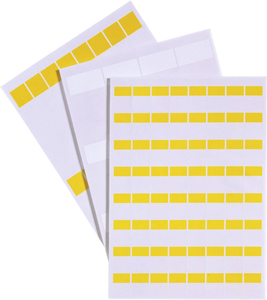 Drei Papierbögen mit gelben rechteckigen Aufklebern in Reihen, teilweise abgelöst.
