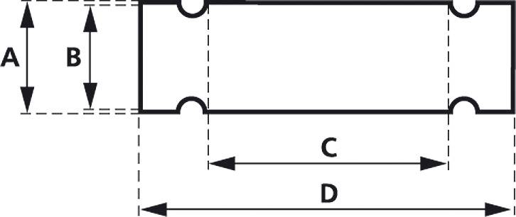 Technische Zeichnung eines rechteckigen Bauteils mit gekennzeichneten Maßen A, B, C und D. Symmetrische Einschnitte an den Ecken.