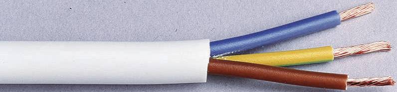 Nahaufnahme eines elektrischen Kabels mit drei farbigen Kupferkabeln: blau, gelb-grün und braun.