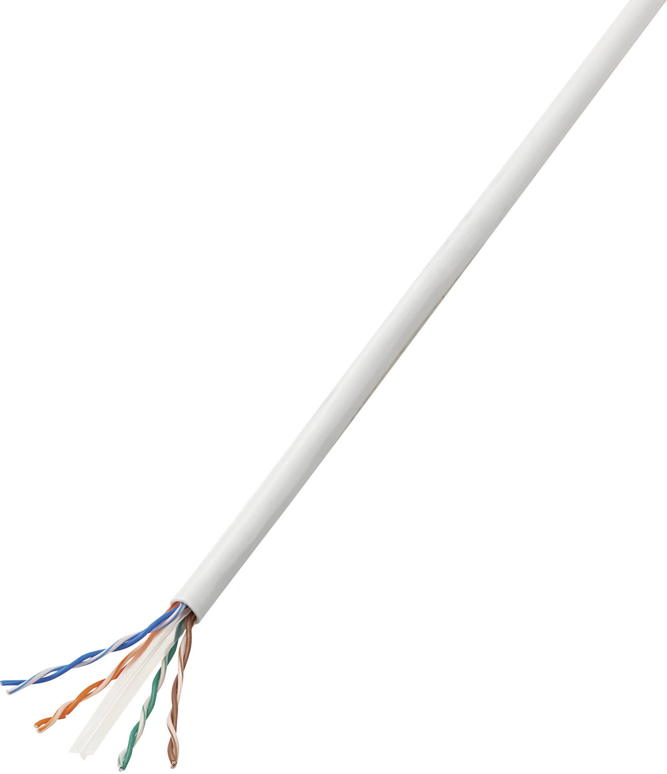 Ein geschnittenes Kabel mit vier Paaren von verdrillten Leitern in verschiedenen Farben: blau, orange, grün, braun.