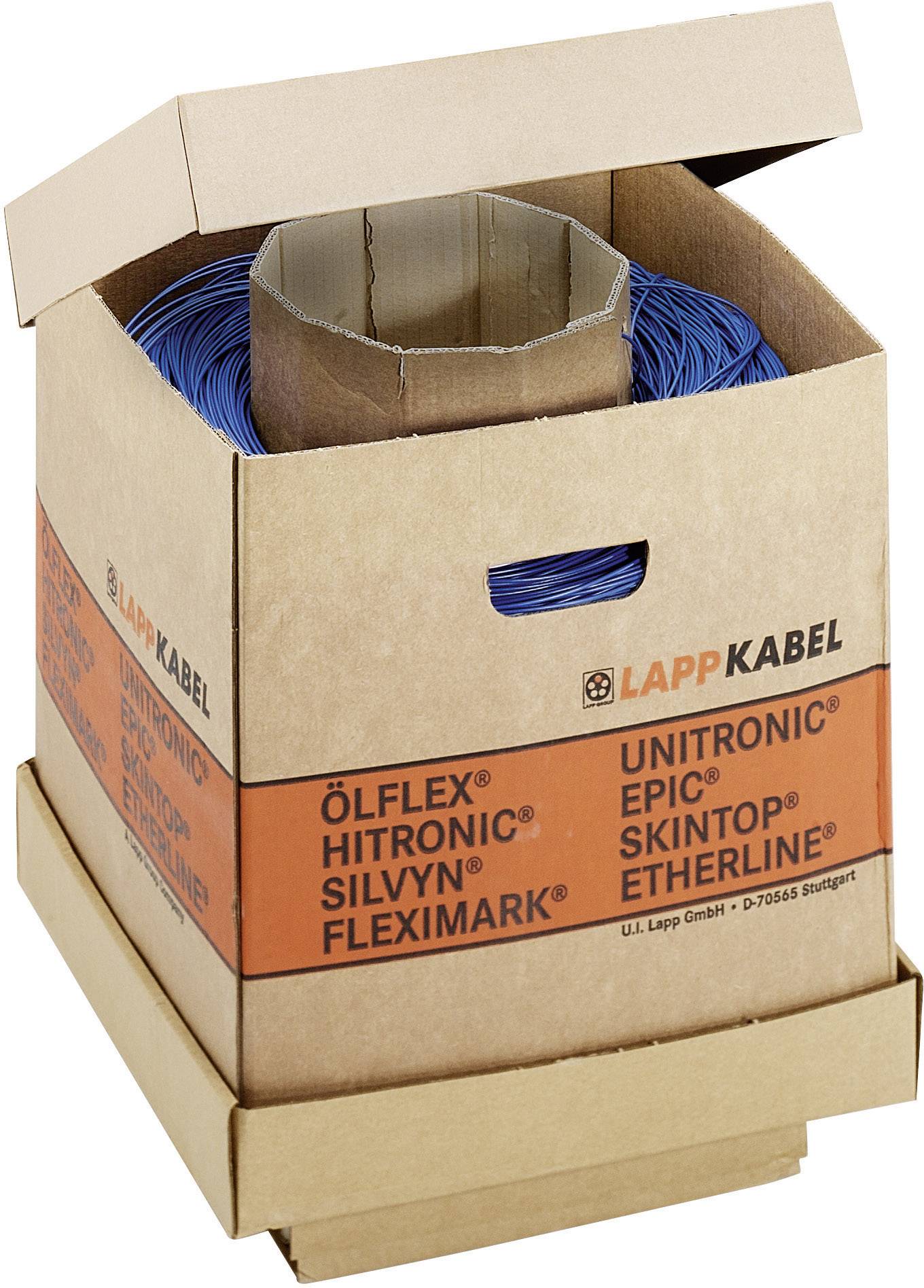 Kartonverpackung mit aufgerolltem blauem Draht von LAPP KABEL, Produktlinien ÖLFLEX, UNITRONIC, HITRONIC und andere aufgedruckt.