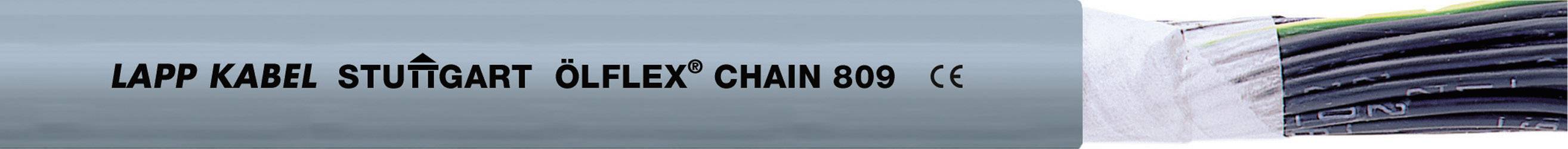 Graues Kabel mit der Aufschrift 'LAPP KABEL STUTTGART ÖLFLEX® CHAIN 809 CE' und einem Blick auf die bunten Drähte an einem Ende.