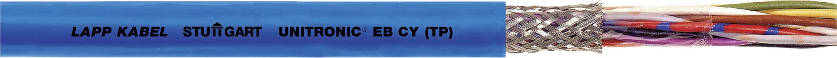 'UNITRONIC® EB CY (TP)' Kabelquerschnitt zeigt mehrfarbige isolierte Drähte mit Abschirmung und blauer Außenhülle, beschriftet mit 'Lapp Kabel Stuttgart'.