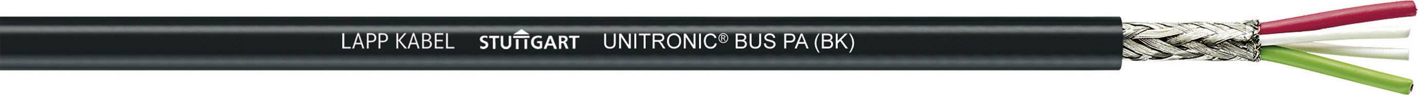 Schwarzes, mit Geflecht ummanteltes Kabel mit Aufschrift 'UNITRONIC BUS PB (RS)'. Es hat rote, weiße, grüne Drähte.