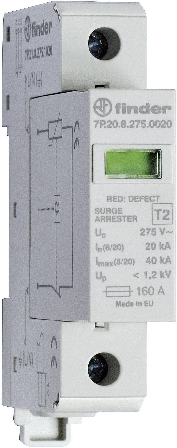 Überspannungsableiter Typ 2 von Finder, Modell 7P.20, 275 V Nennspannung, 20 kA Maximalstrom, für den Schutz elektrischer Anlagen.